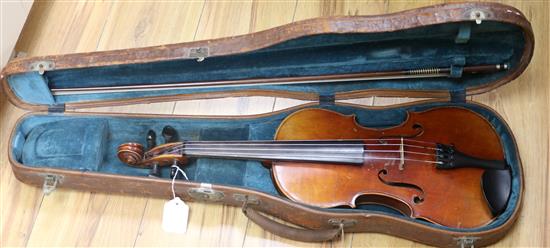 A Thibouville-Lamy full size violin, early 20th century, labelled JTL L.O.B. 14 Leather case